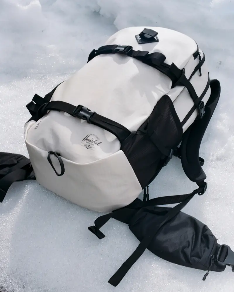 The All Season Backpack in Moonbeam on the snowy ground