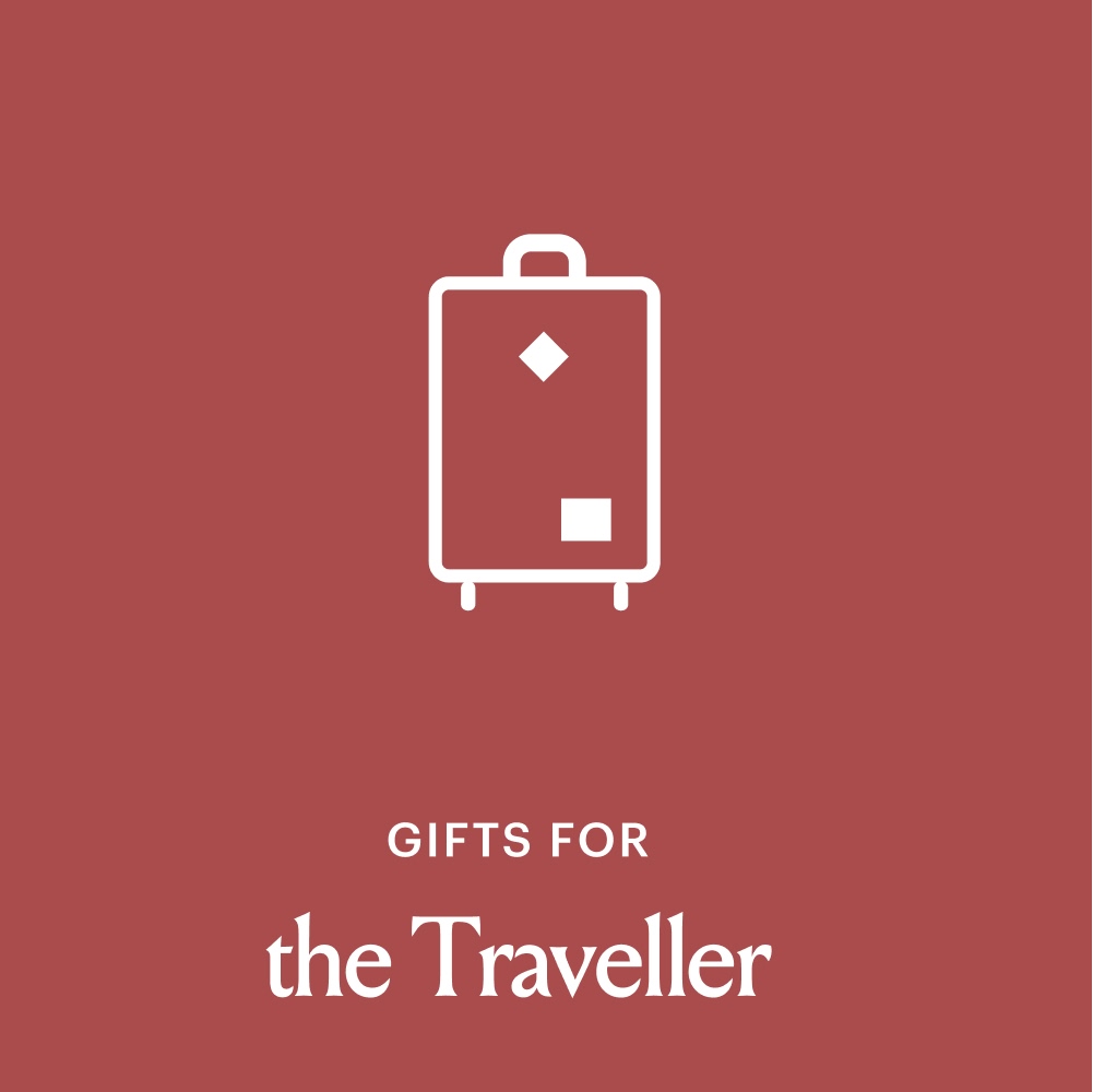 a red square with a backpack icon in the middle that say Gifts for the Traveller
