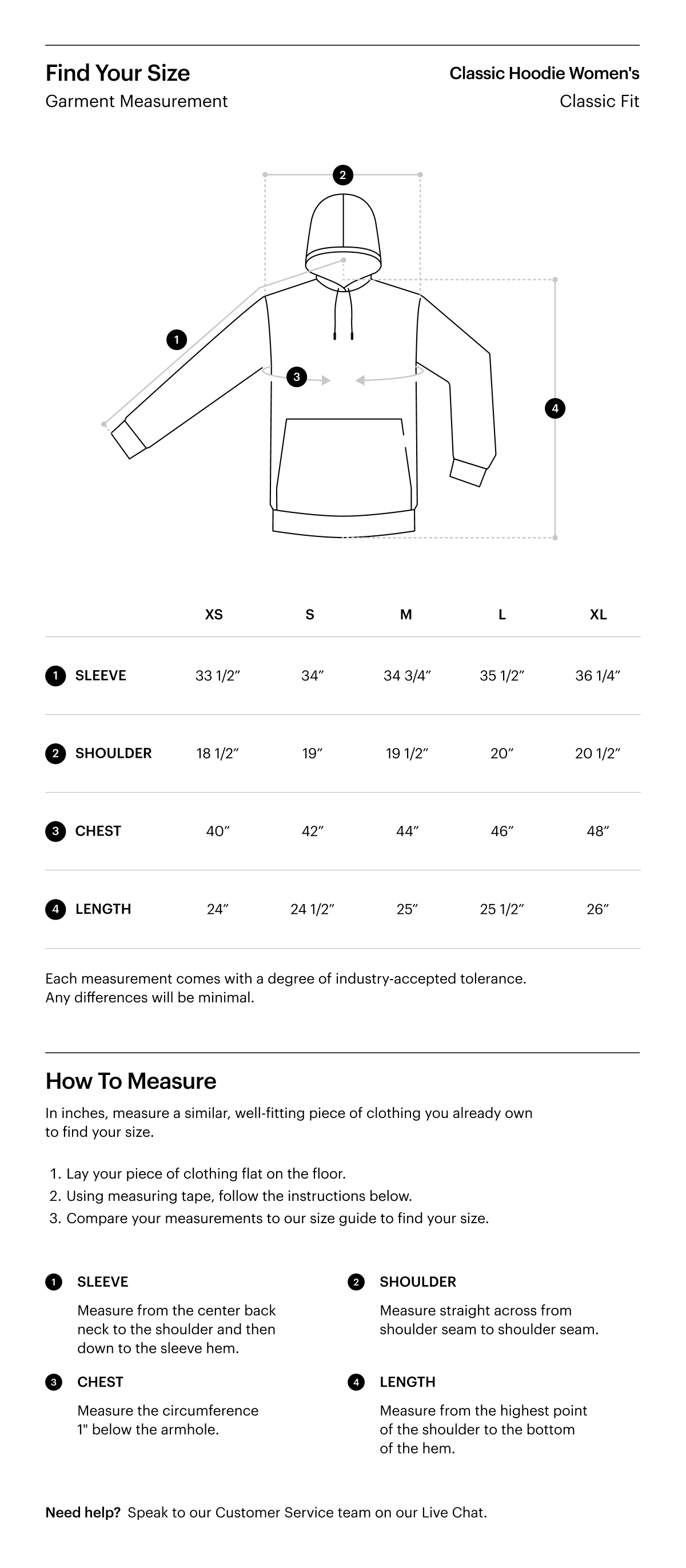 A size guide for the Classic Hoodie Women's