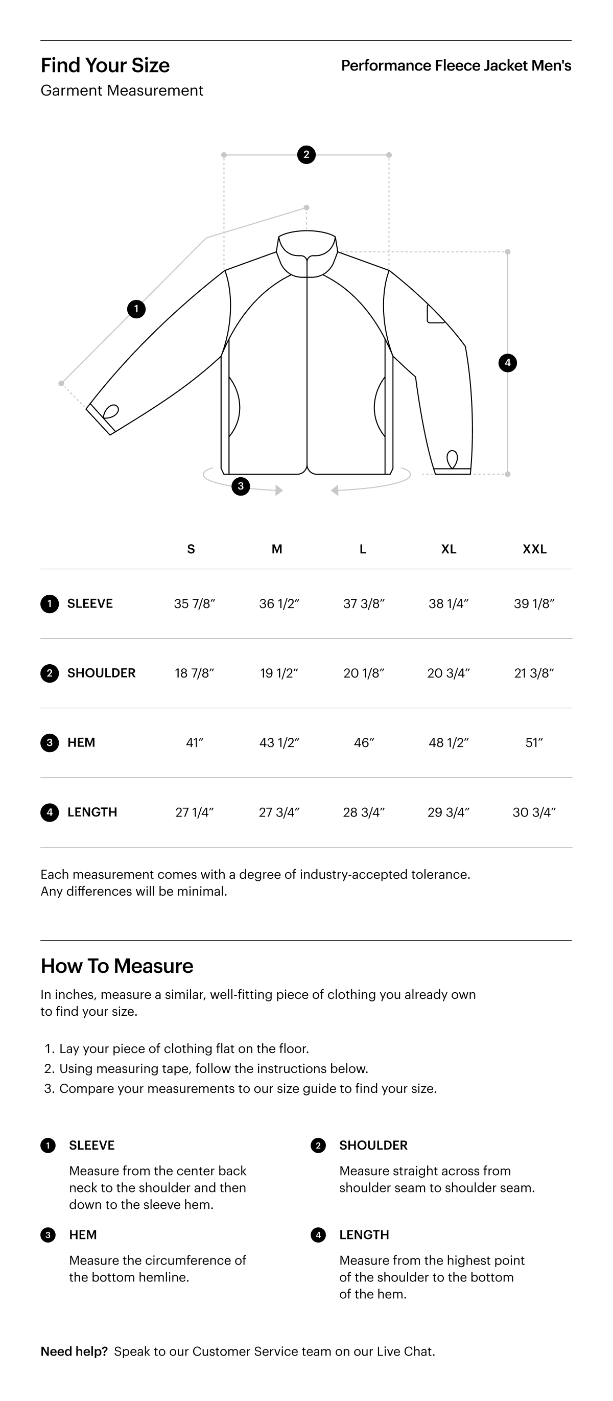 A size guide for the Performance Fleece Jacket Men's