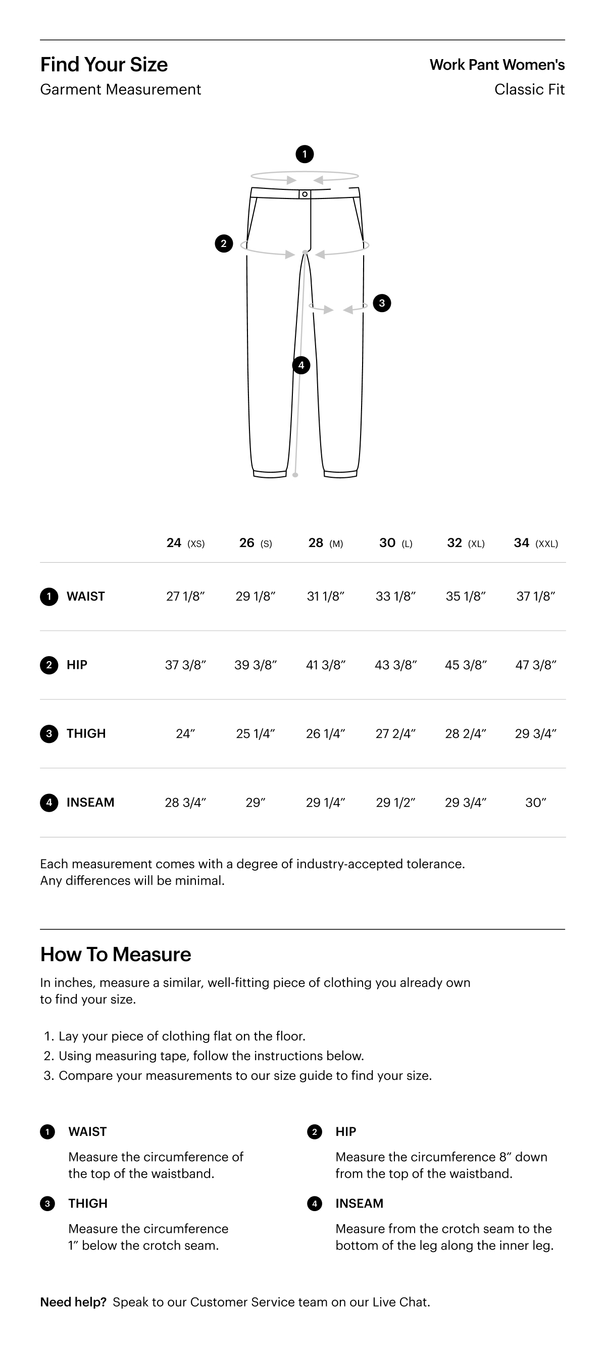 A size guide for the Work Pant Women's